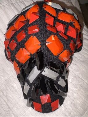 H&M Black Knit Hat with Red Orange and Gray Faceted Gems